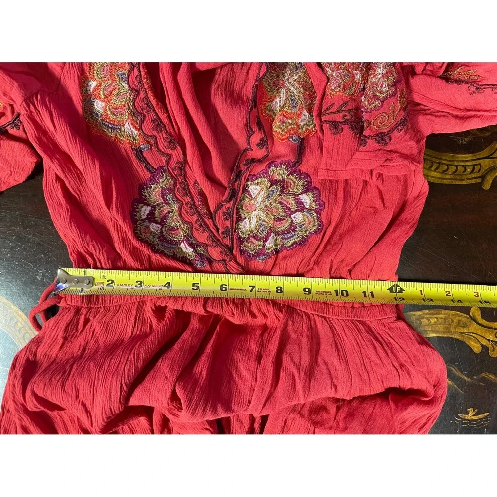 Free People Red Cora Dress Embroidered Split Sleeve Mini Fairy Festival Boho‎ XS